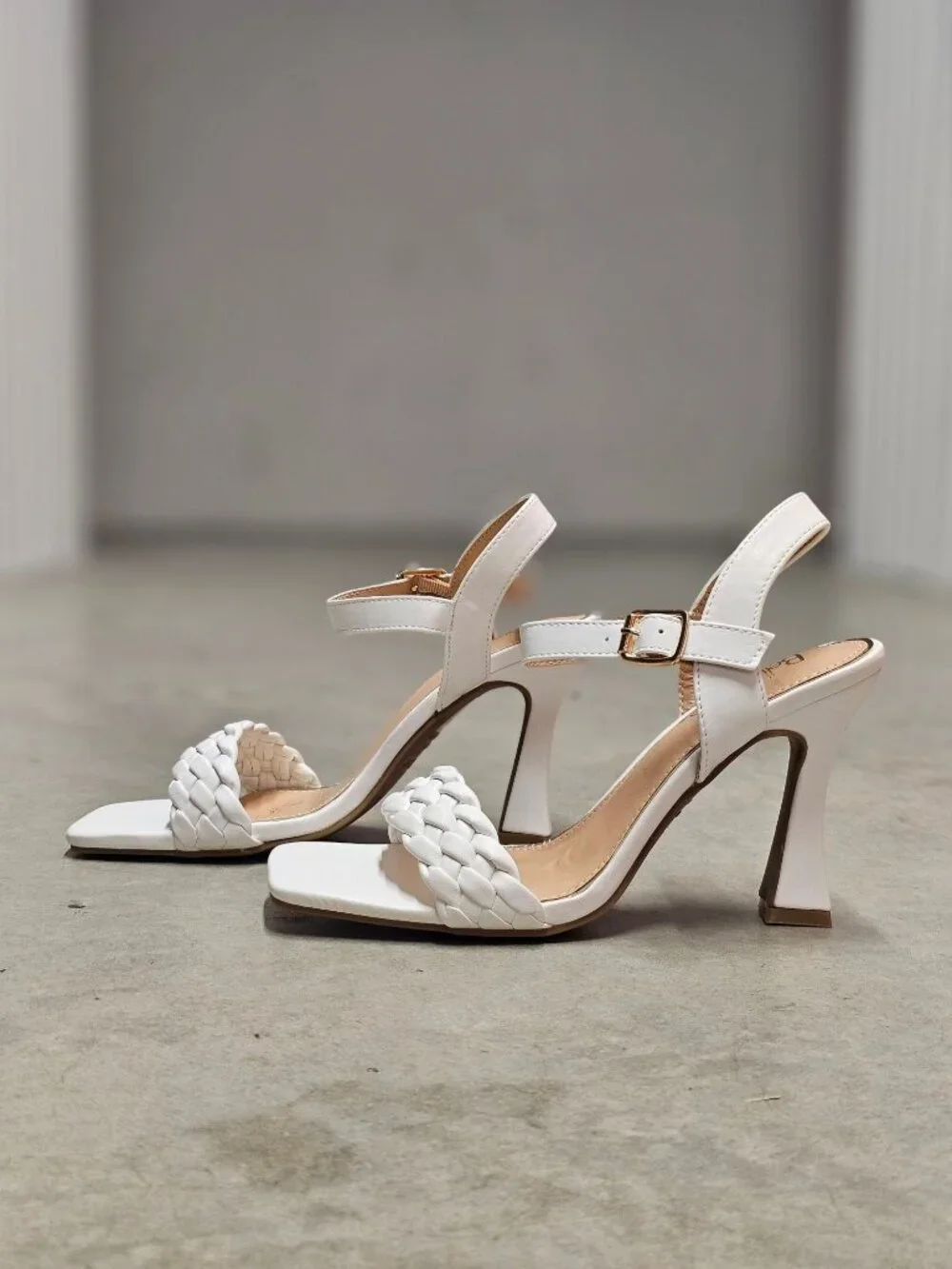 White Braided Strap High Heel Sandals With Square Toe & Adjustable Buckle Closur